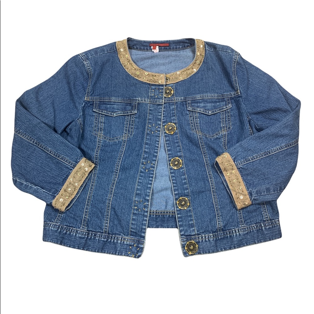 TAPEMEASURE Women's Embellished Collarless Denim Jean Jacket Size L